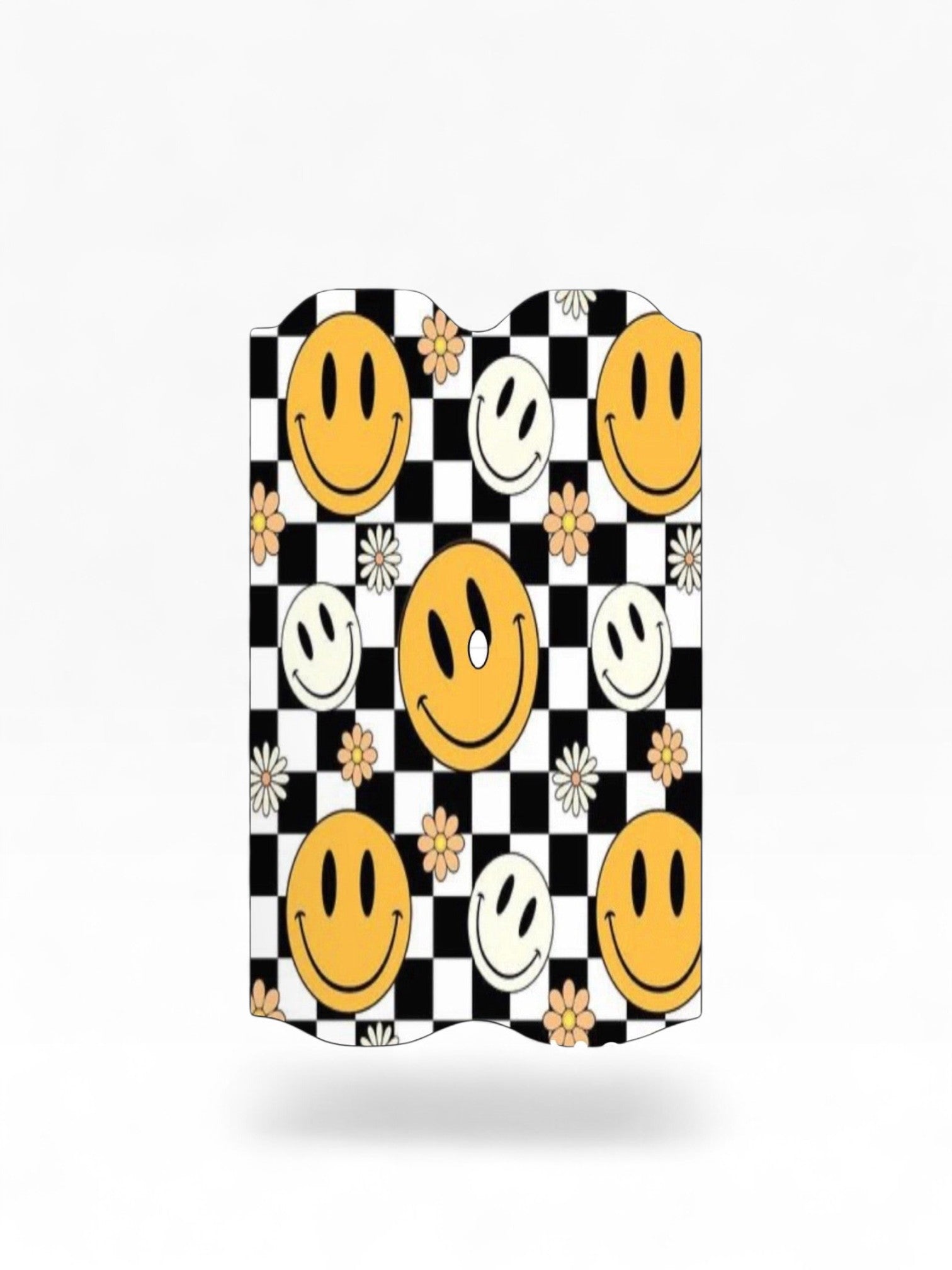 Cloud Skinz waterproof Vuse Alto decal featuring a black and white checkerboard pattern with yellow happy faces.