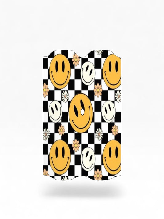 Cloud Skinz waterproof Vuse Alto decal featuring a black and white checkerboard pattern with yellow happy faces.