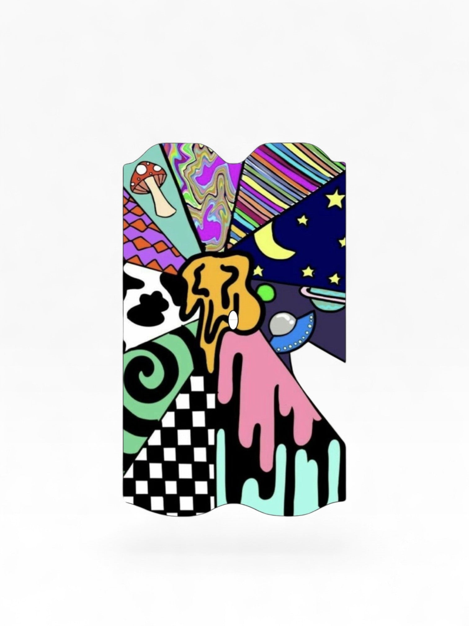 Cloud Skinz waterproof Vuse Alto decal featuring a vibrant, multi-patterned collage design with psychedelic motifs.