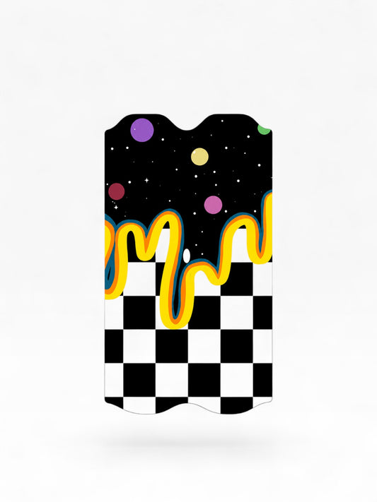 Cloud Skinz waterproof Vuse Alto decal featuring a black space pattern with colorful planets and a checkered base.