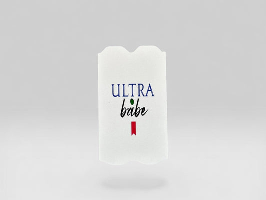Cloud Skinz waterproof decal for Vuse Alto featuring Ultra Babe text in blue and black with a small red ribbon icon.