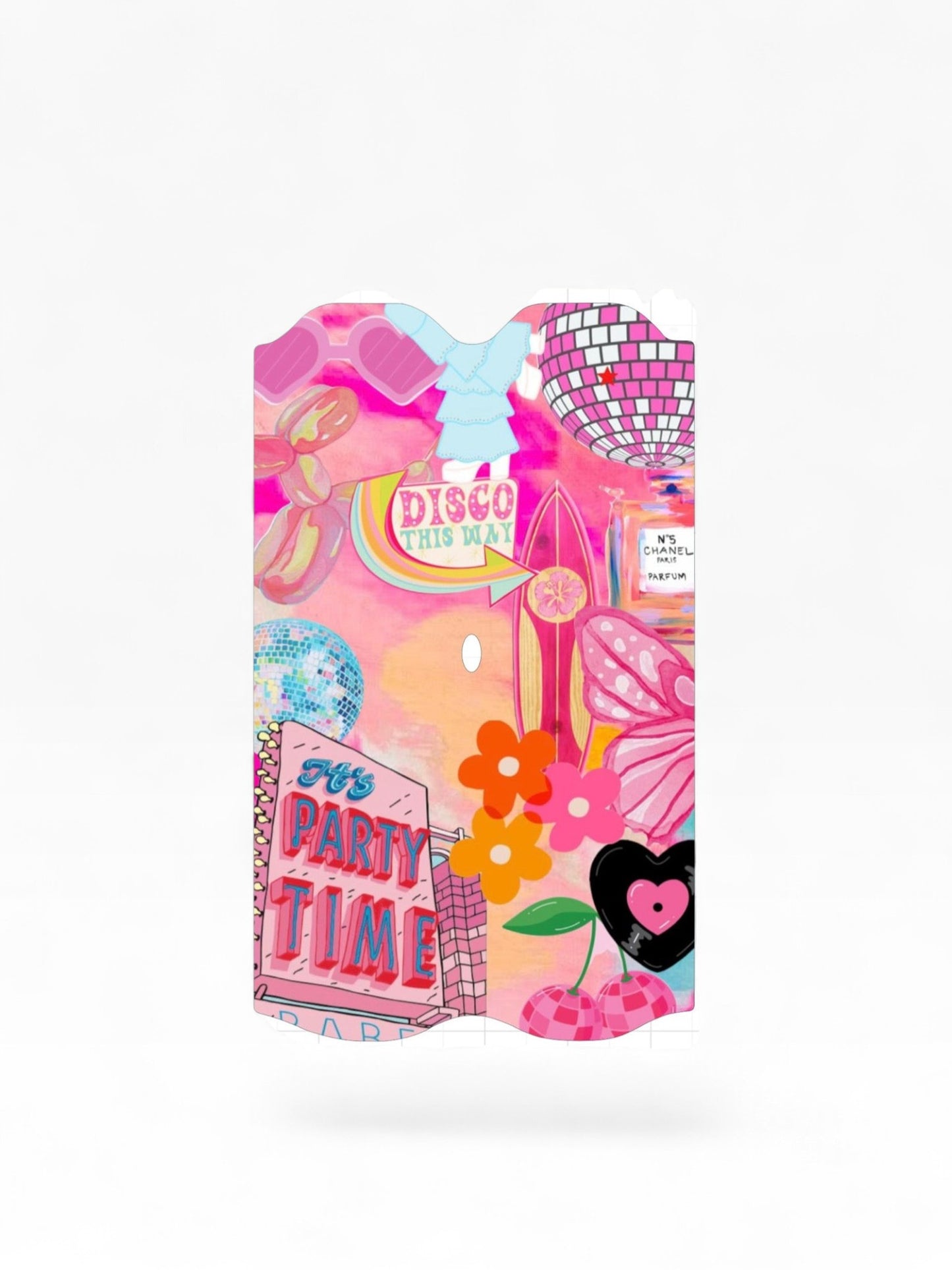 Cloud Skinz waterproof decal for Vuse Alto featuring a vibrant pink disco party collage with flowers and hearts.
