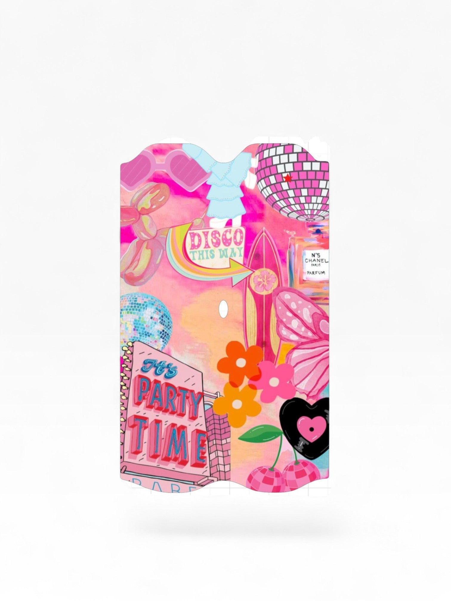Cloud Skinz waterproof decal for Vuse Alto featuring a vibrant pink disco party collage with flowers and hearts.