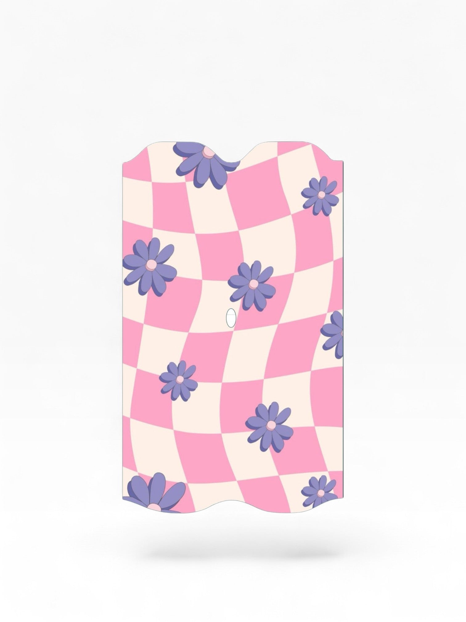 Cloud Skinz waterproof Vuse Alto decal featuring a pink and white checkered pattern with purple flower accents.