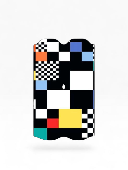 Cloud Skinz waterproof Vuse Alto decal featuring a geometric Mondrian-inspired pattern of squares in black, white, and primary colors.