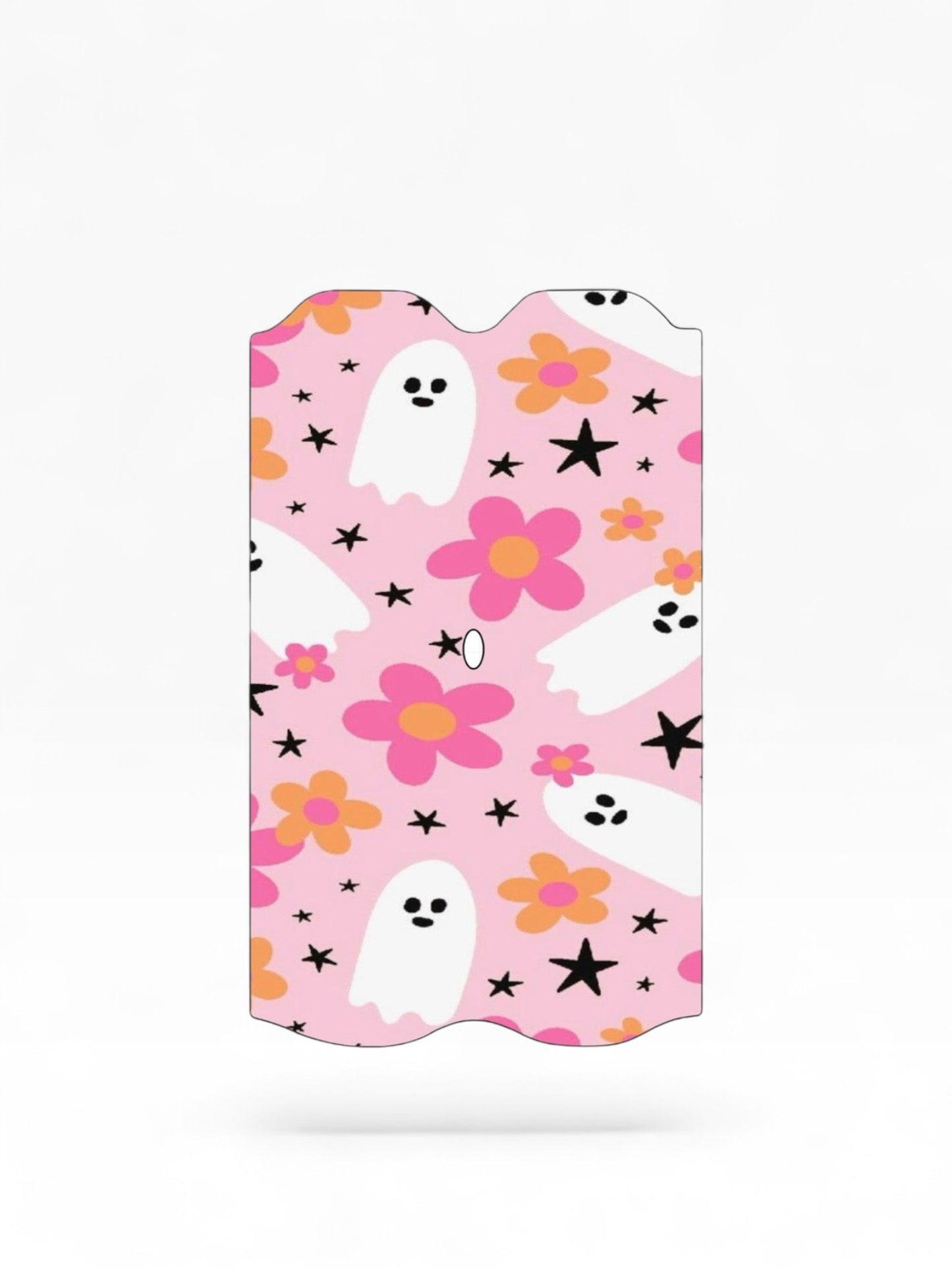 Cloud Skinz waterproof Vuse Alto decal featuring a pink pattern with white ghosts, orange flowers, and black stars.