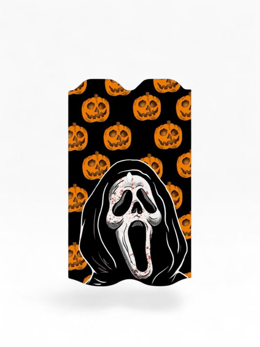 Cloud Skinz waterproof Vuse Alto decal featuring a spooky ghost face mask and orange jack-o-lantern pattern