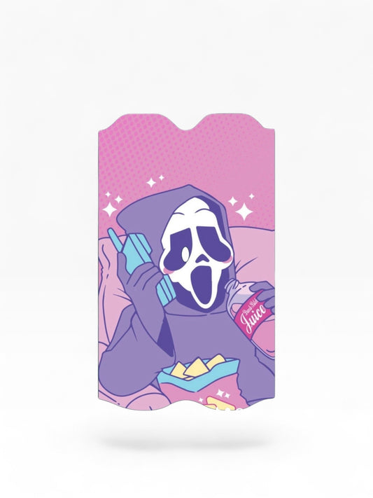 Cloud Skinz waterproof Vuse Alto decal featuring a pink and purple Ghostmask character eating snacks and talking on phone