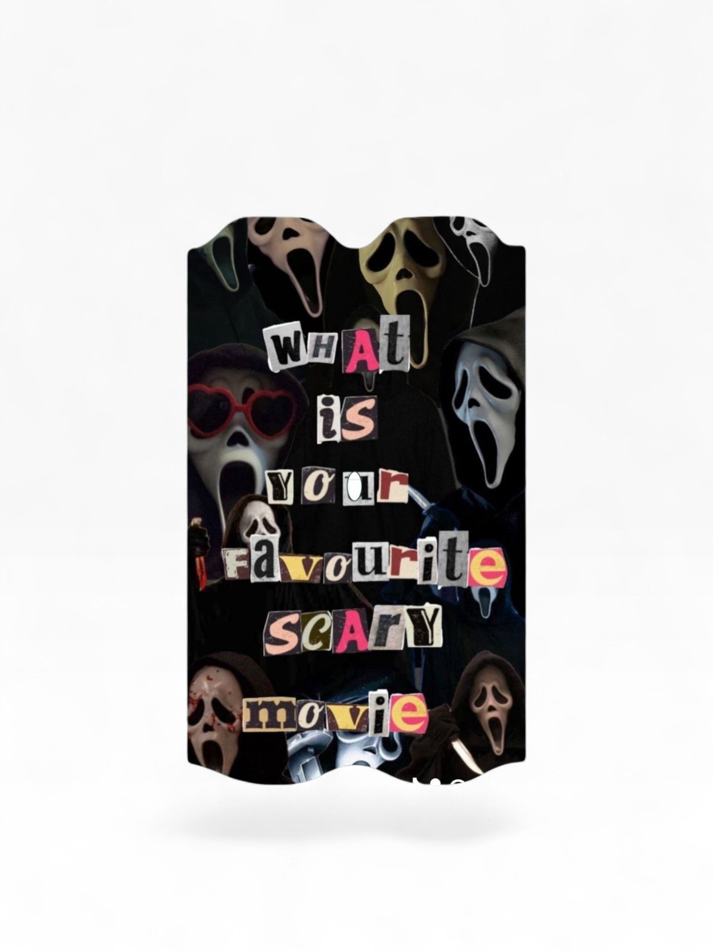 Cloud Skinz waterproof Vuse Alto decal featuring a collage of Ghostmasks and the text What is your favourite scary movie