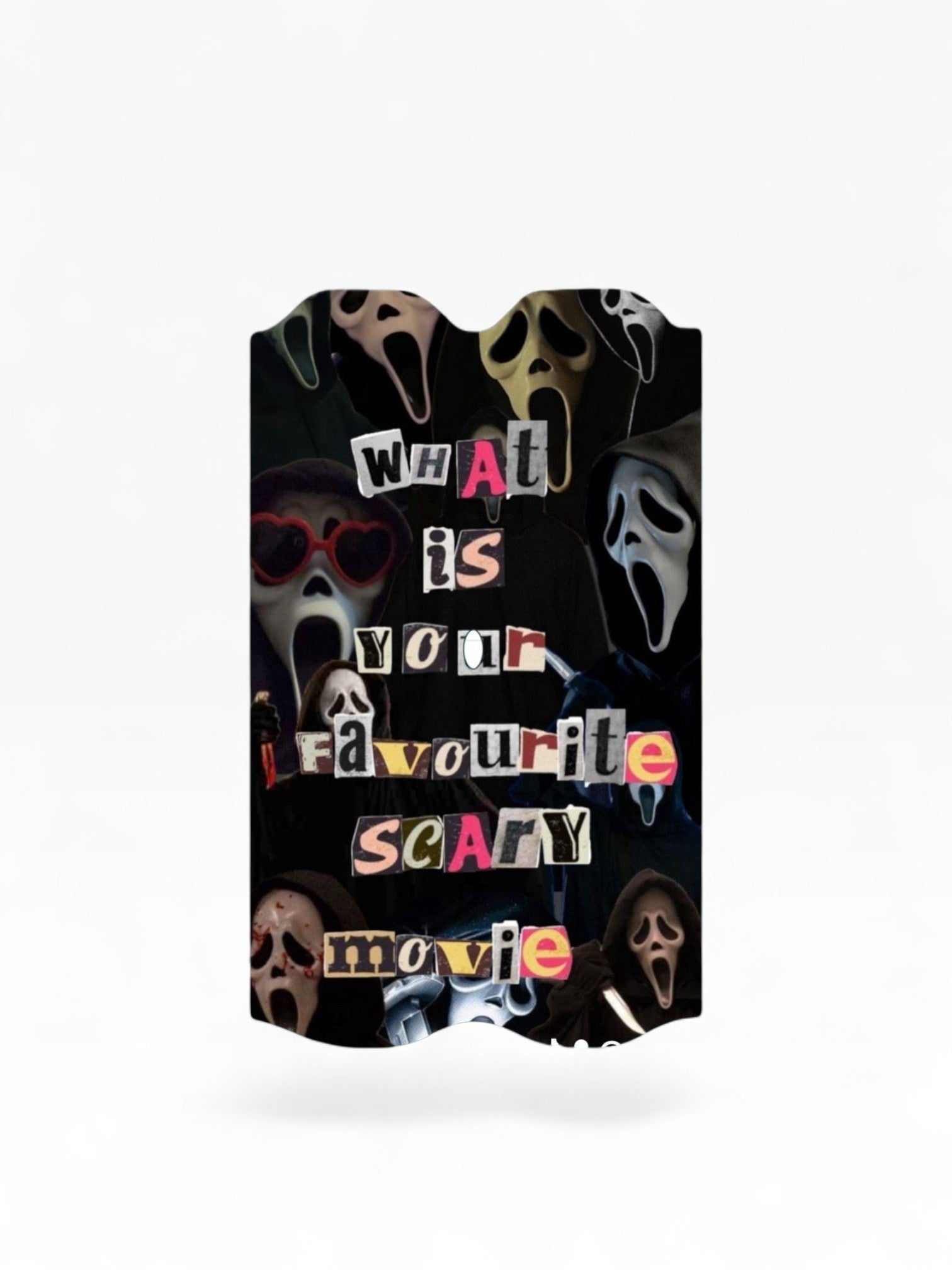 Cloud Skinz waterproof Vuse Alto decal featuring a collage of Ghostmasks and the text What is your favourite scary movie