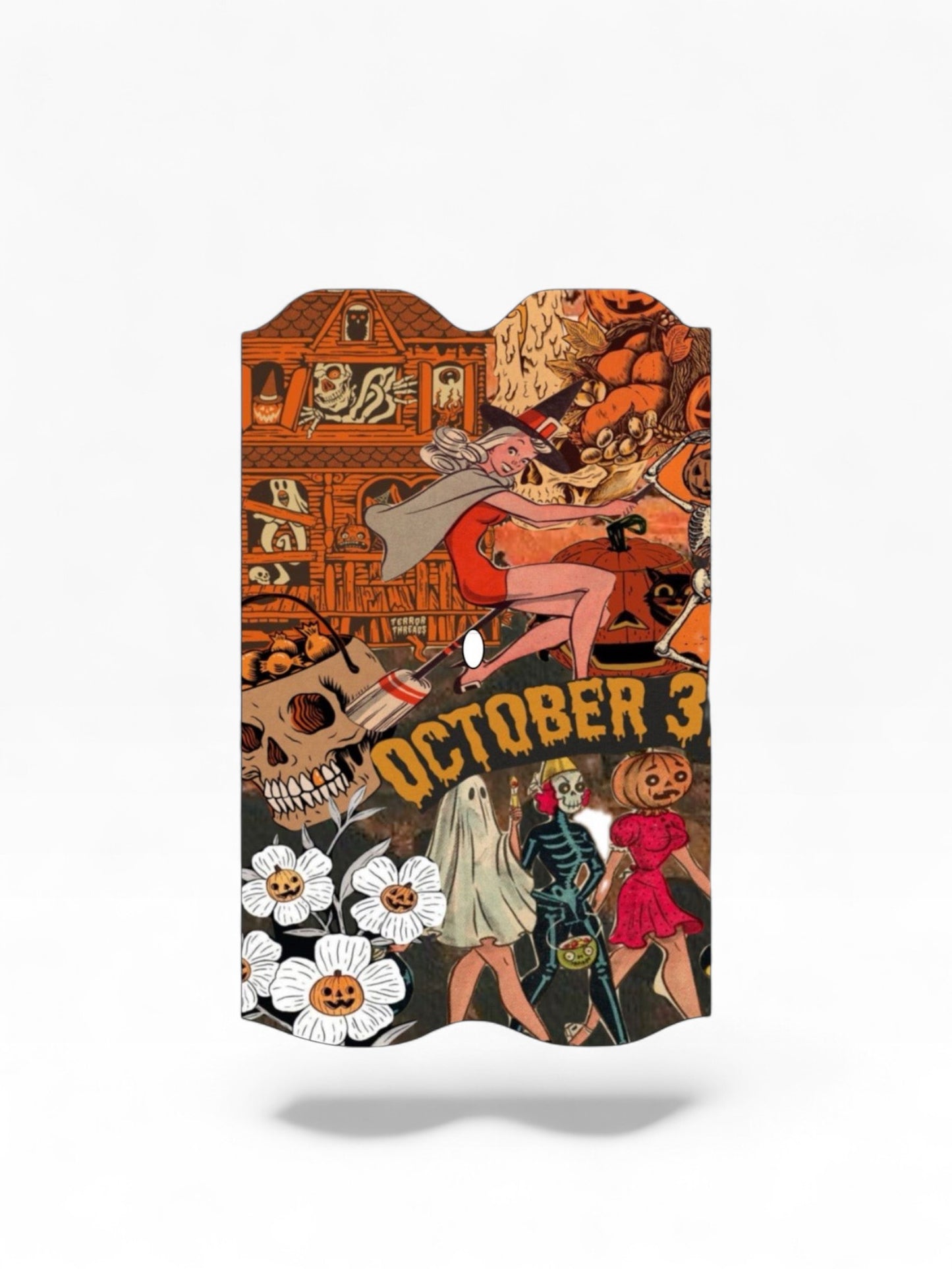 Cloud Skinz waterproof Vuse Alto decal featuring a vintage Halloween collage with a witch, pumpkins, and skull.
