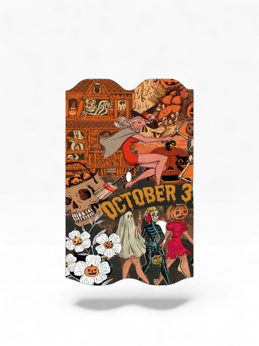 Cloud Skinz waterproof Vuse Alto decal featuring a vintage Halloween collage with a witch, pumpkins, and skull.
