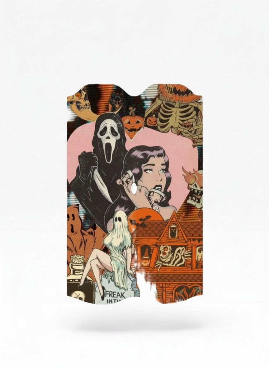 Cloud Skinz waterproof Vuse Alto decal featuring a spooky Halloween collage with horror movie icons and retro art.