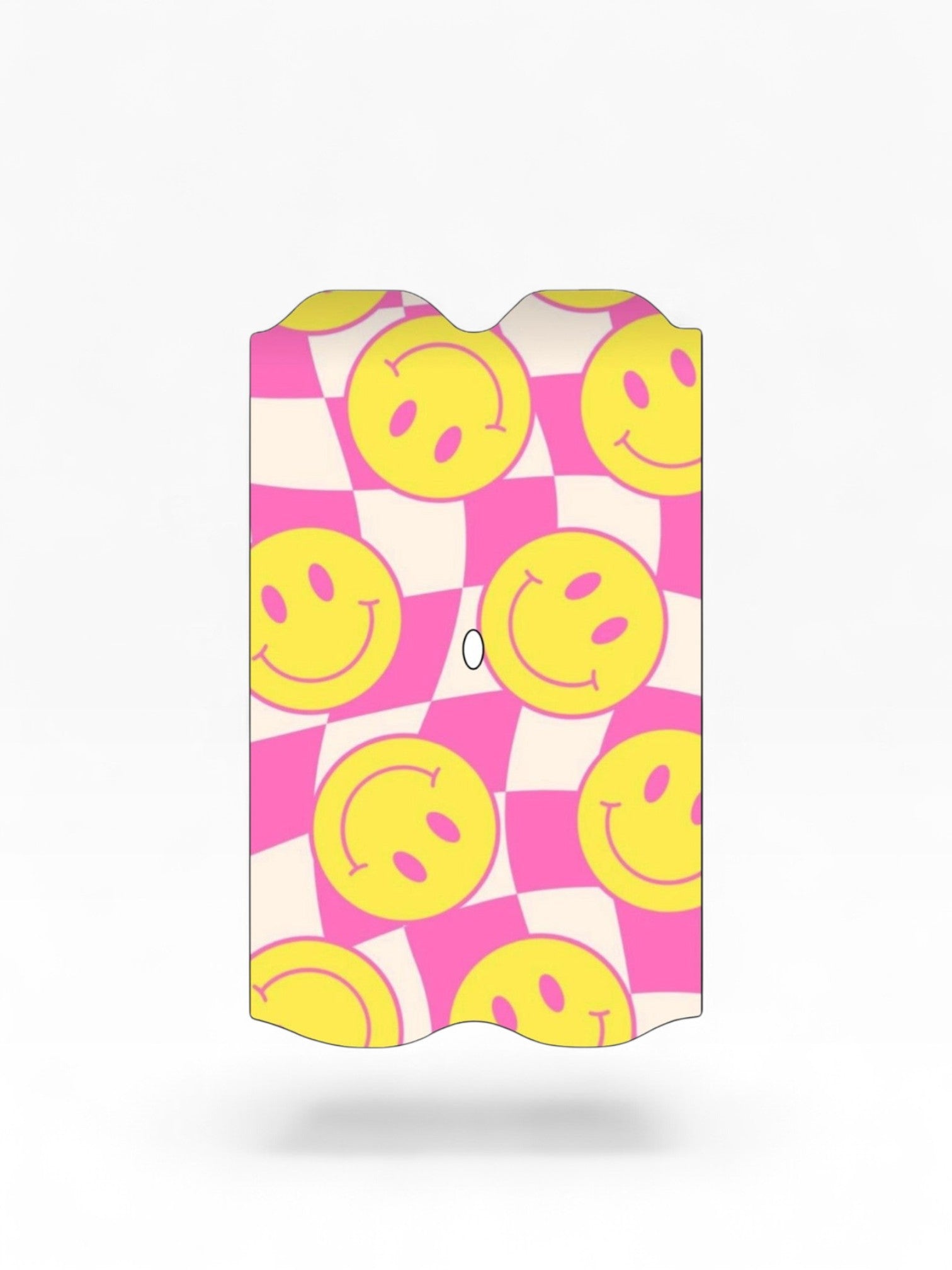 Cloud Skinz waterproof decal for Vuse Alto featuring a pink and white checkered pattern with yellow smiley faces.