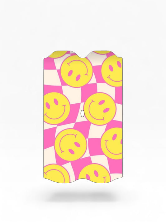 Cloud Skinz waterproof decal for Vuse Alto featuring a pink and white checkered pattern with yellow smiley faces.