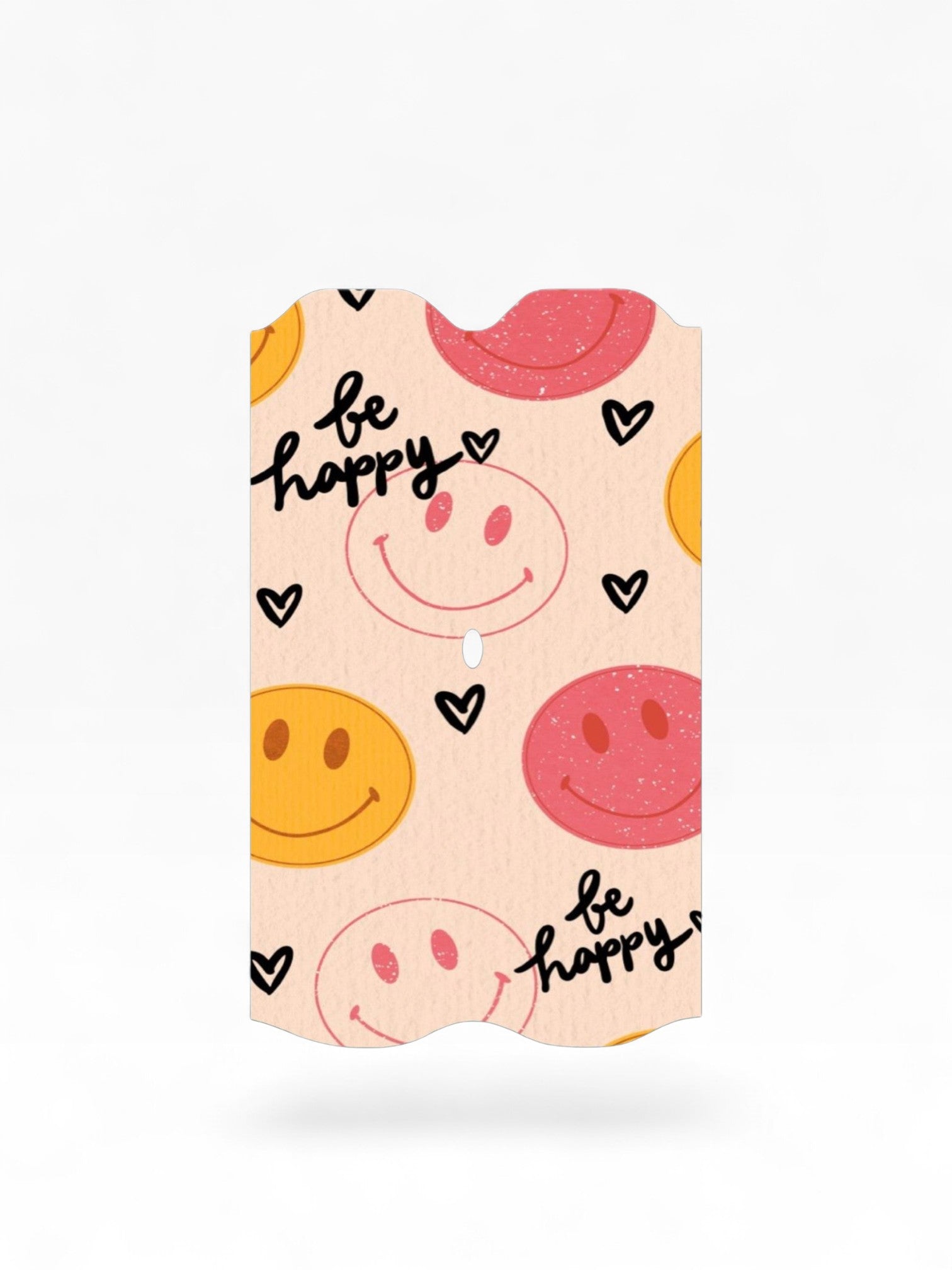 Cloud Skinz waterproof Vuse Alto decal featuring a pink and yellow happy face pattern with be happy text and hearts.