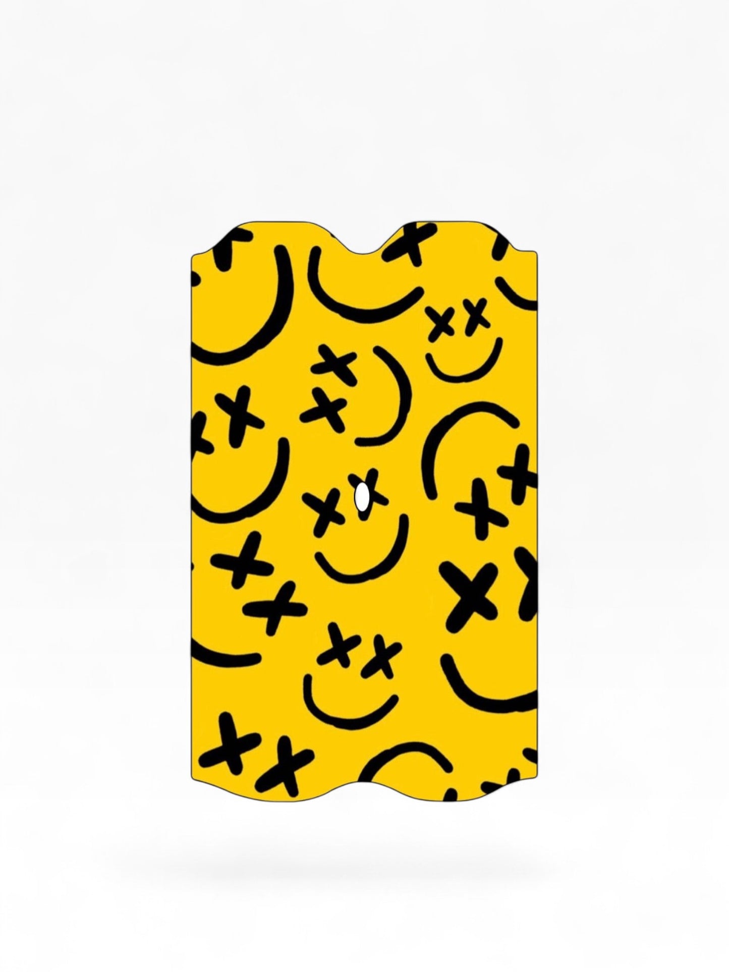 Cloud Skinz waterproof Vuse Alto decal featuring a yellow background with a black happy face pattern