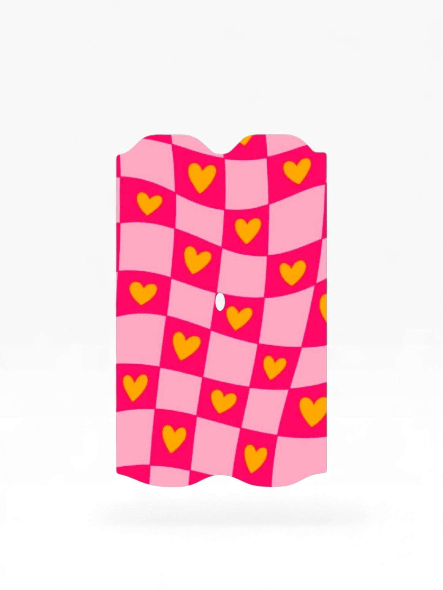 Cloud Skinz waterproof decal for Vuse Alto featuring a pink and light pink checkerboard pattern with yellow hearts.