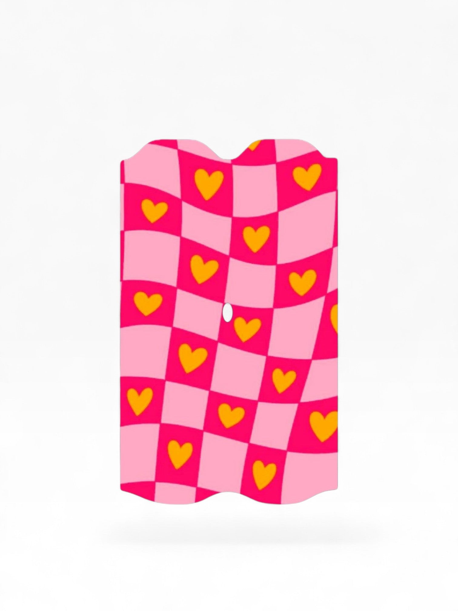 Cloud Skinz waterproof decal for Vuse Alto featuring a pink and light pink checkerboard pattern with yellow hearts.