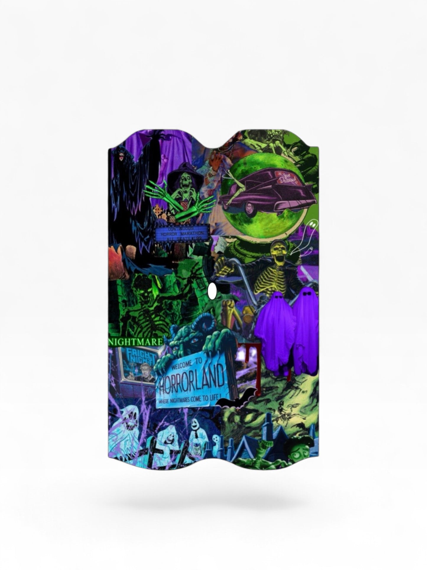 Cloud Skinz waterproof Vuse Alto decal featuring a vibrant horror-themed collage with skeletons and green accents.