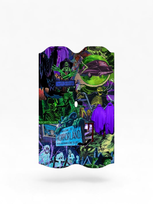 Cloud Skinz waterproof Vuse Alto decal featuring a vibrant horror-themed collage with skeletons and green accents.