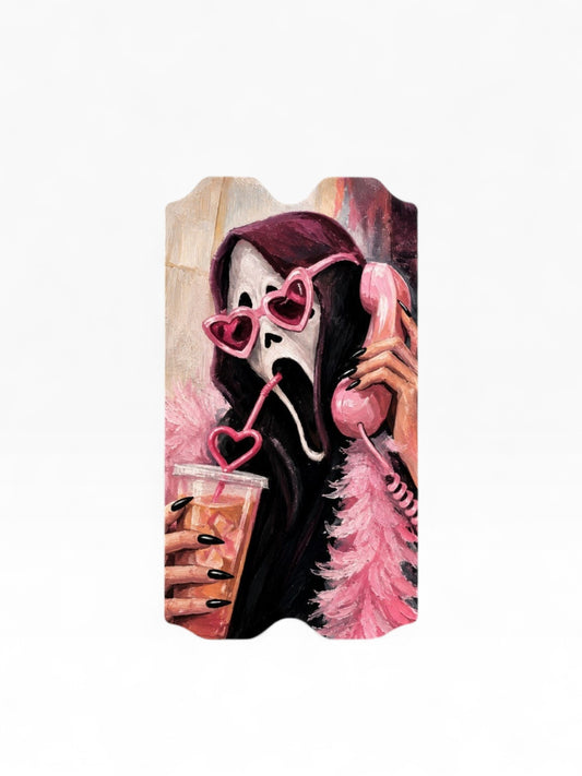 Cloud Skinz Call Me If You Dare horror-themed vinyl wrap for Vuse Alto featuring a pink glam ghost mask design.