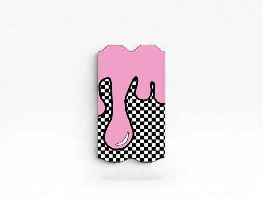 Cloud Skinz waterproof Vuse Alto decal featuring a pink slime drip design over a black and white checkerboard pattern.