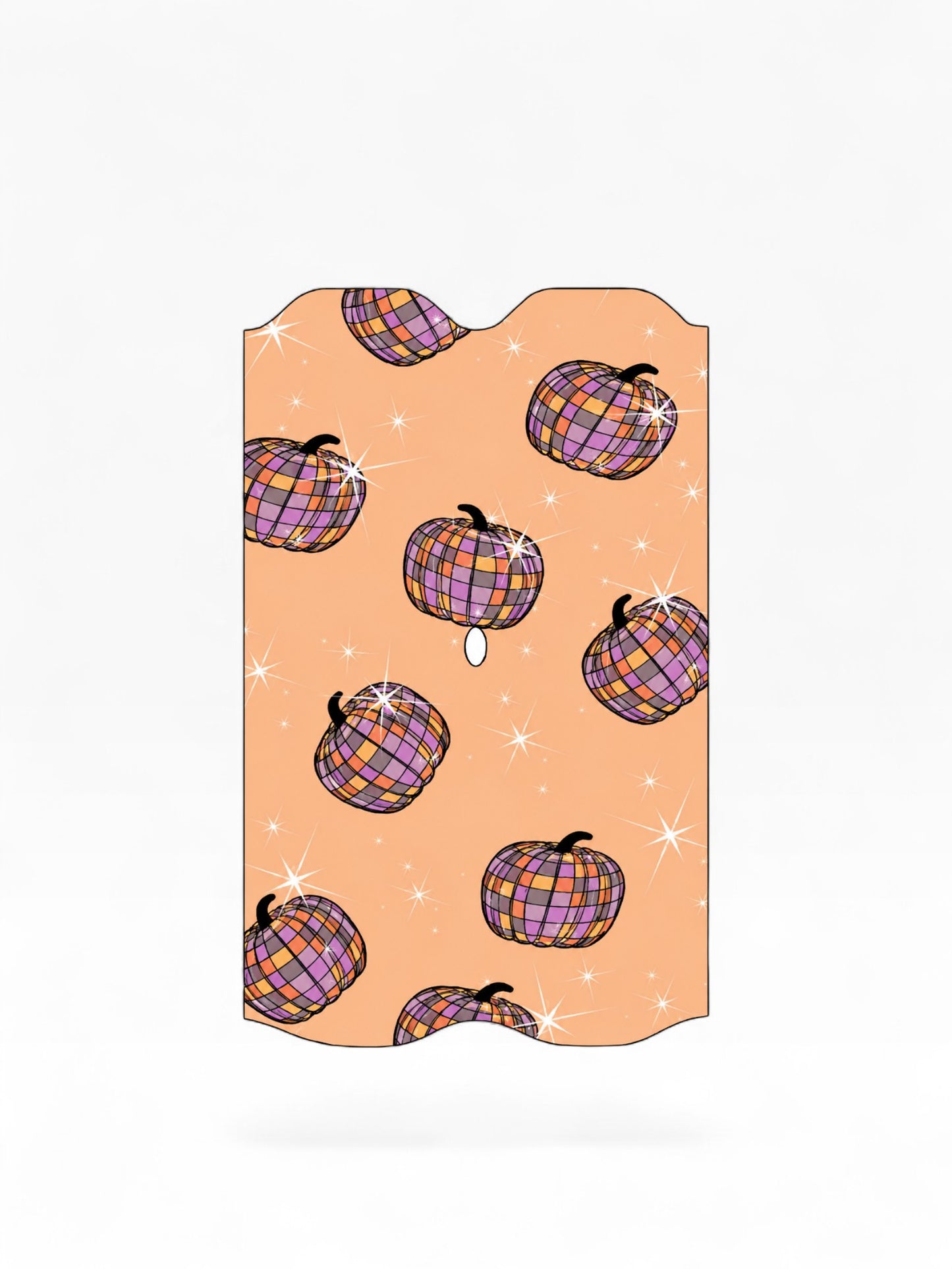 Cloud Skinz waterproof Vuse Alto decal featuring a peach background with purple and orange disco ball pumpkin pattern