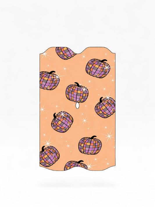 Cloud Skinz waterproof Vuse Alto decal featuring a peach background with purple and orange disco ball pumpkin pattern