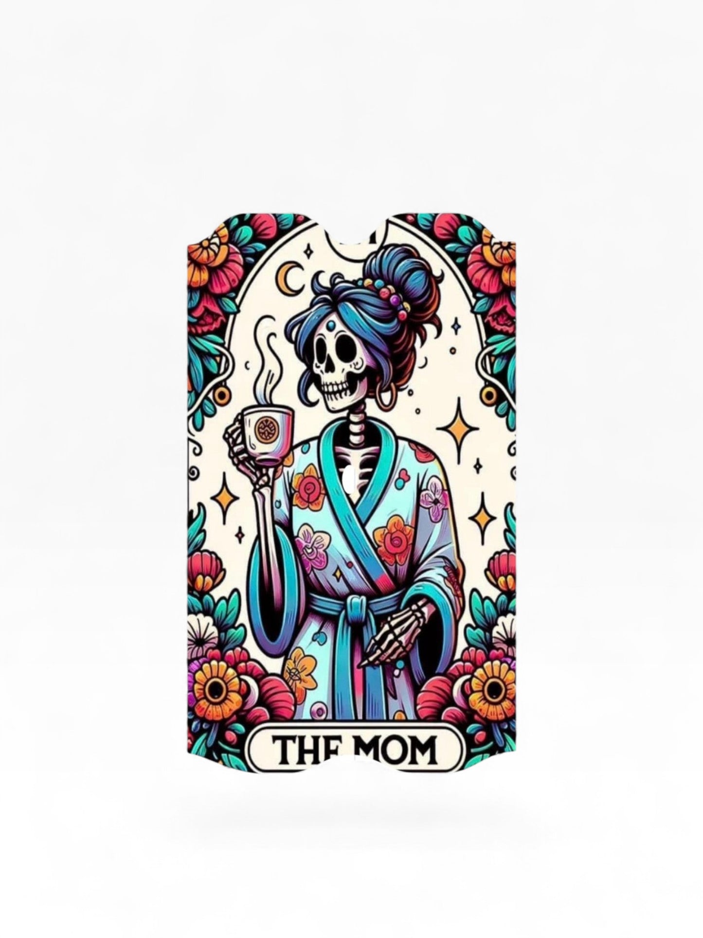Cloud Skinz waterproof decal for Vuse Alto featuring a skeleton mom in a floral robe holding a coffee mug
