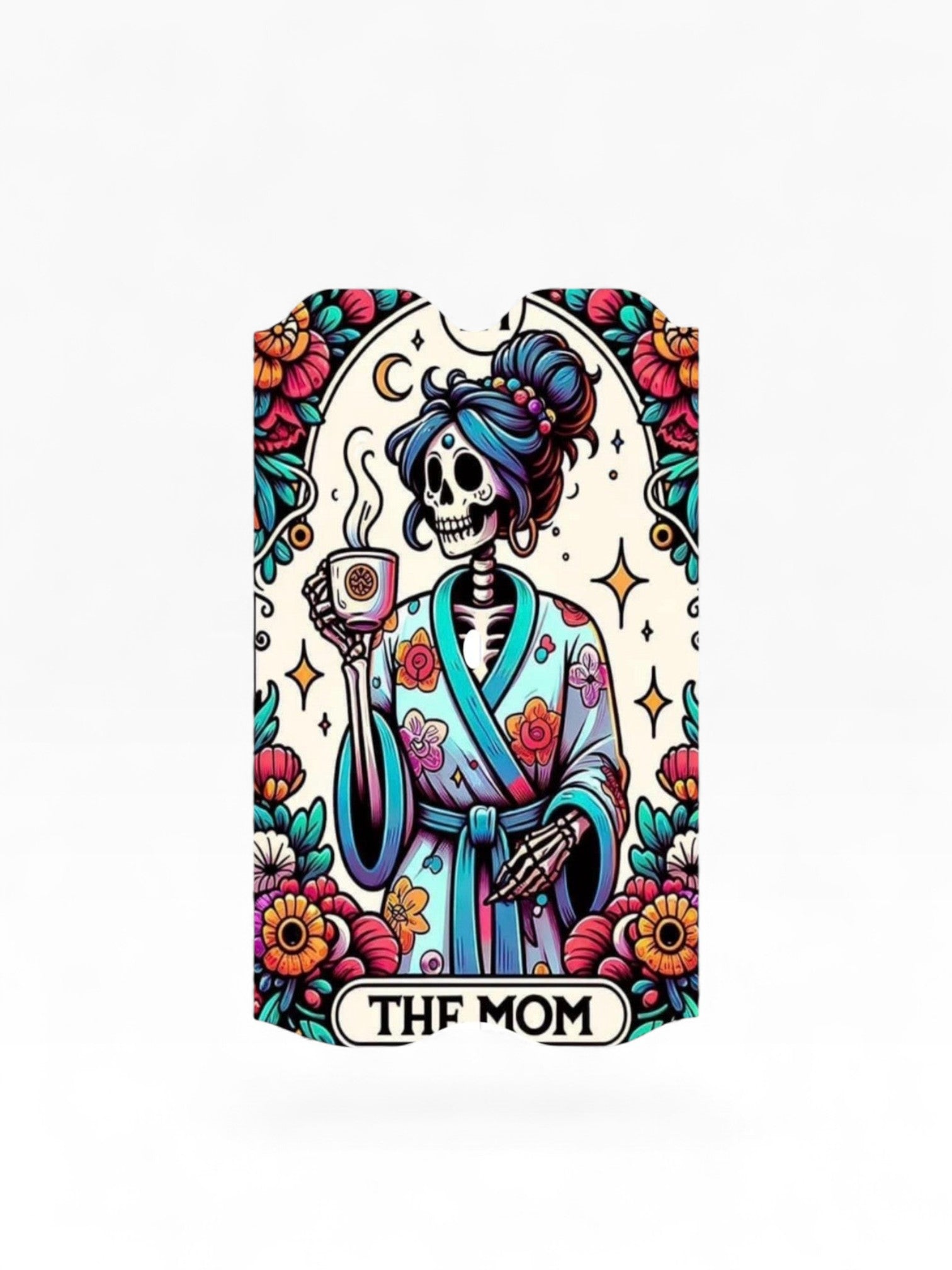 Cloud Skinz waterproof decal for Vuse Alto featuring a skeleton mom in a floral robe holding a coffee mug
