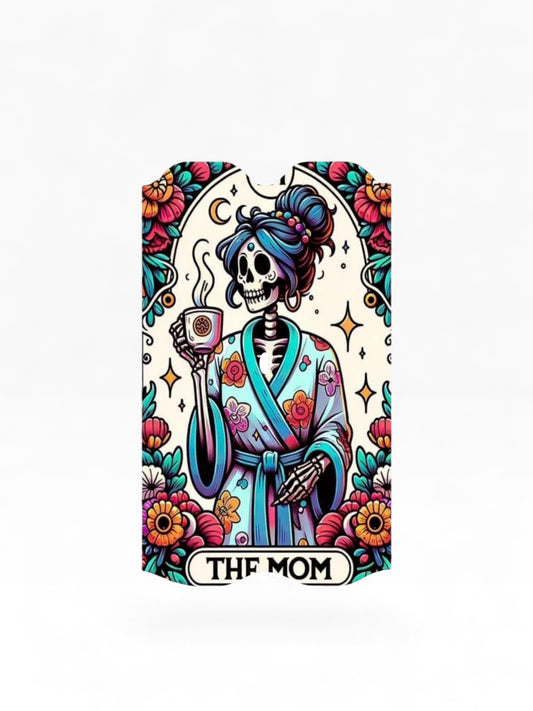 Cloud Skinz waterproof decal for Vuse Alto featuring a skeleton mom in a floral robe holding a coffee mug