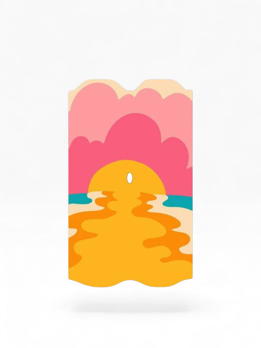 Cloud Skinz waterproof decal for Vuse Alto featuring a colorful sunset beach illustration with pink clouds and yellow sea.