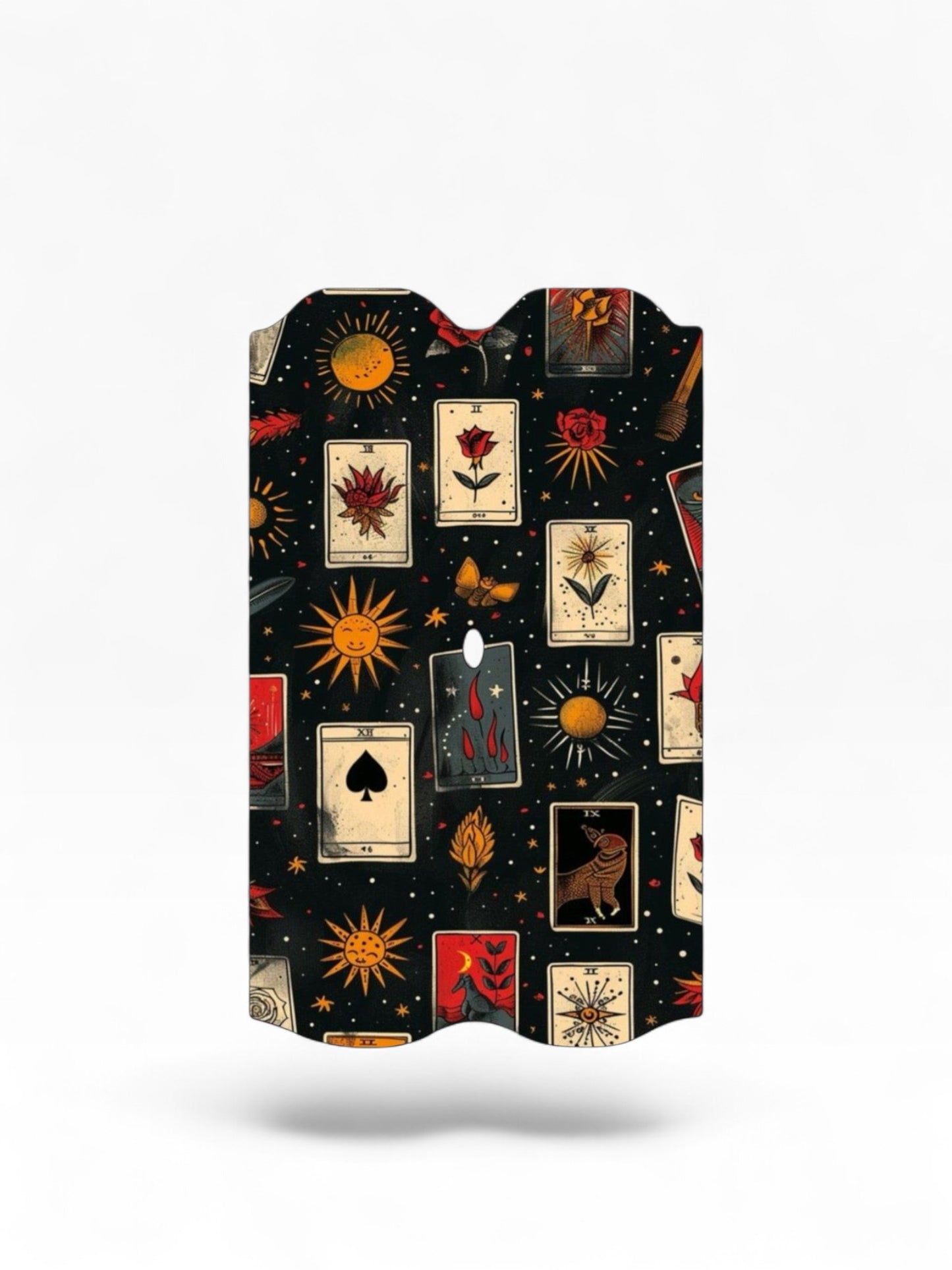 Cloud Skinz waterproof Vuse Alto decal featuring a black tarot card and celestial pattern with red and gold accents.
