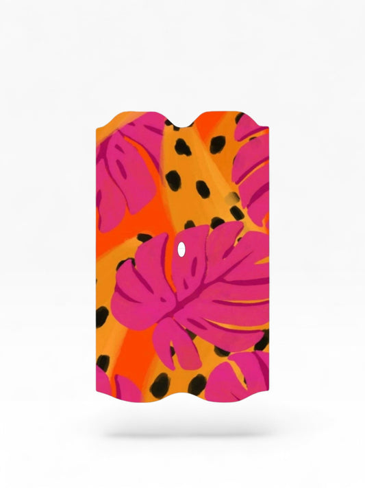 Cloud Skinz waterproof decal for Vuse Alto featuring a vibrant pink monstera leaf and orange leopard print pattern.