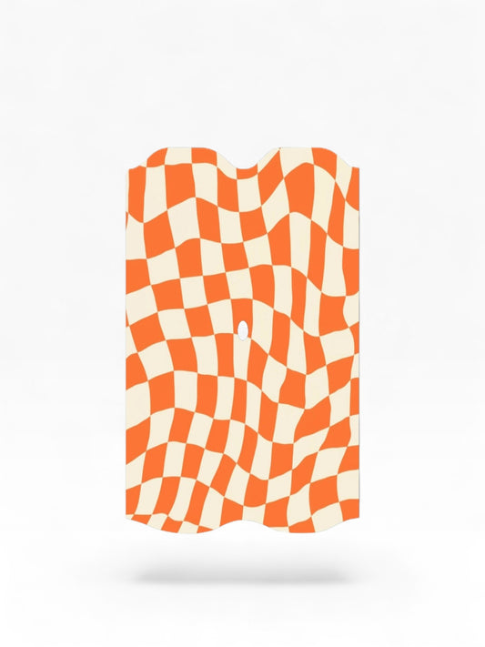 Cloud Skinz waterproof Vuse Alto decal featuring an orange and cream wavy checkerboard pattern