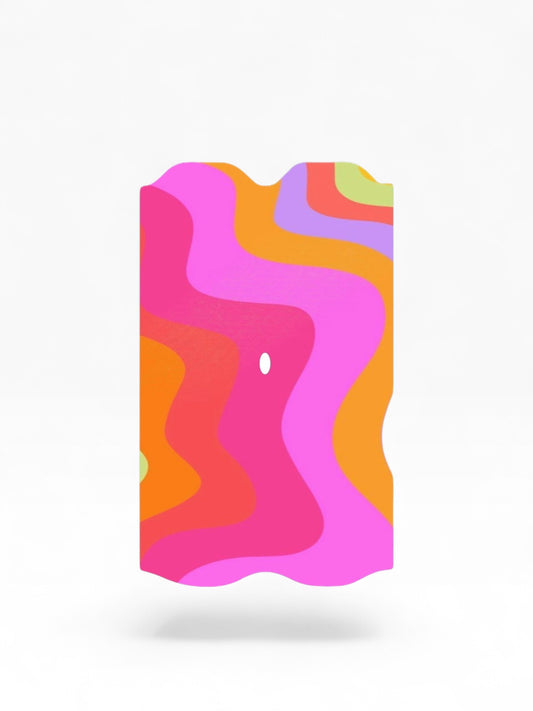 Cloud Skinz waterproof Vuse Alto decal featuring a vibrant pink, orange, and purple wavy retro pattern.