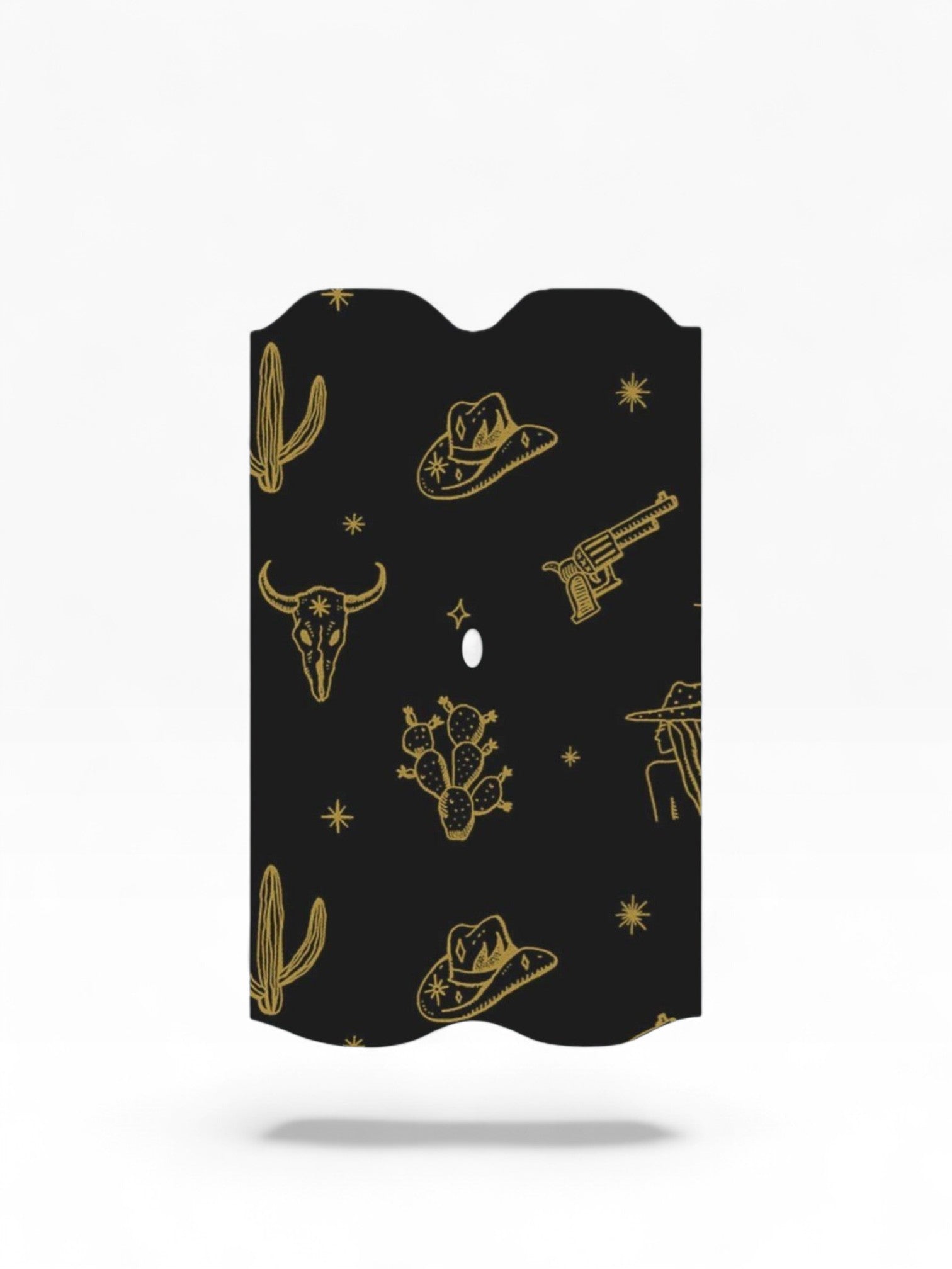 Cloud Skinz waterproof Vuse Alto decal featuring a black background with gold western cowboy print